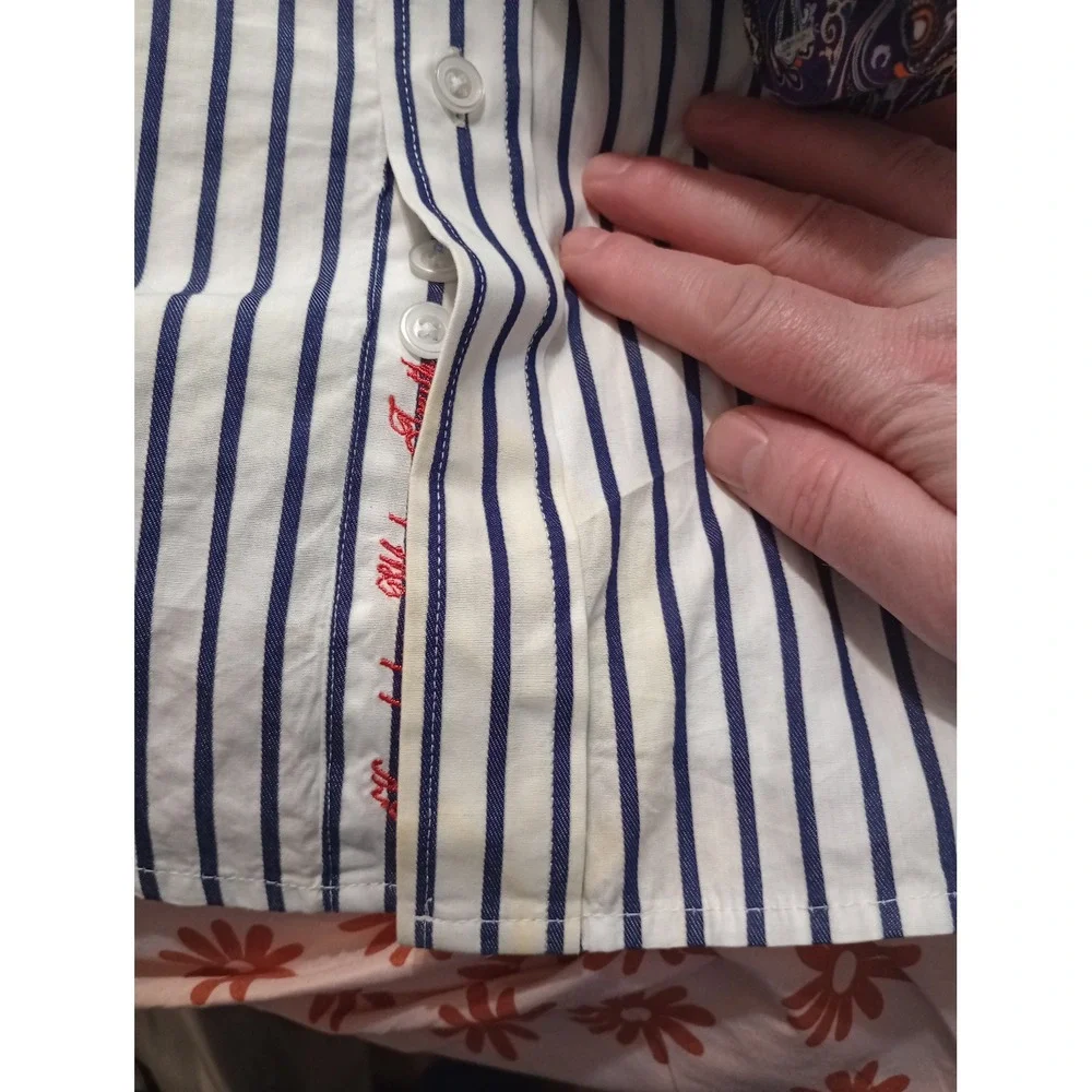 Robert Graham Mens Large Blue White Striped Paisley Button Down Shirt has stain
